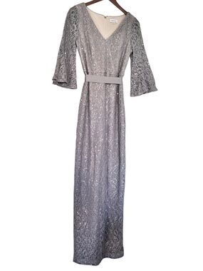 Calvin Klein Formal Lace and Sequin V-Neck Dress in Silver